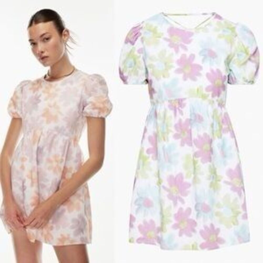 Sunday Best Aritzia Saida Babydoll Dress Linen XS Purple white Puff sleeve Flora